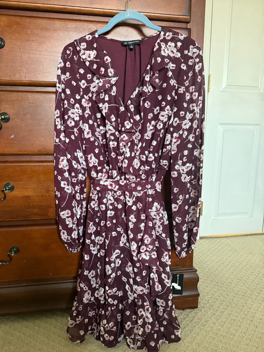 Floral Ruffle Long-Sleeve Midi Dress in Burgundy